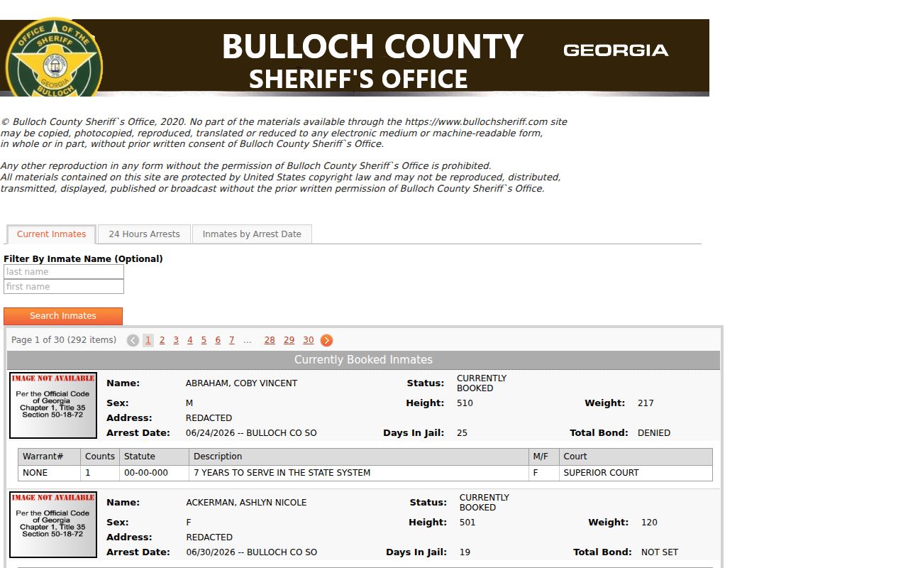 Bulloch County Sheriff current inmate lookup for recent bookings