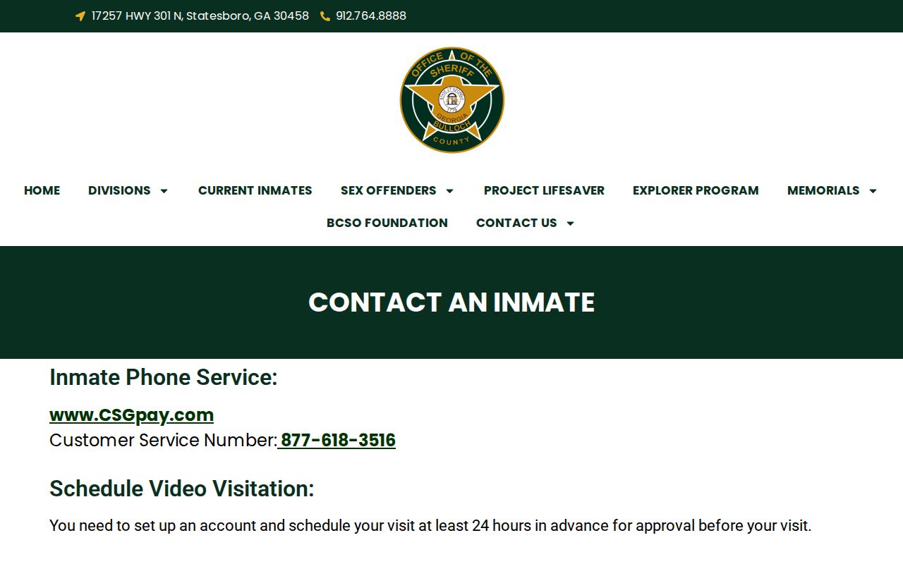 Bulloch County Jail inmate contact, video visit, phone, and digital mail channels