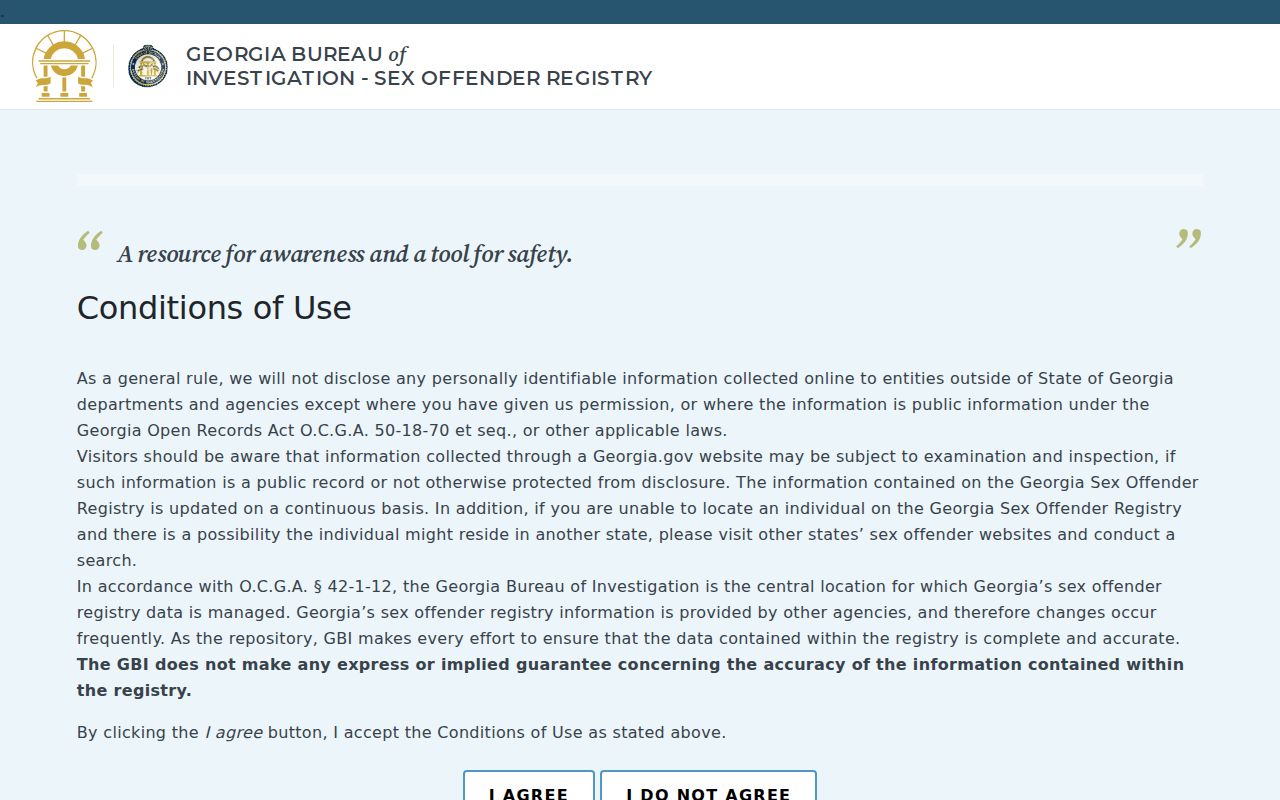 Georgia Sex Offender Registry public search screen for a Bulloch County query