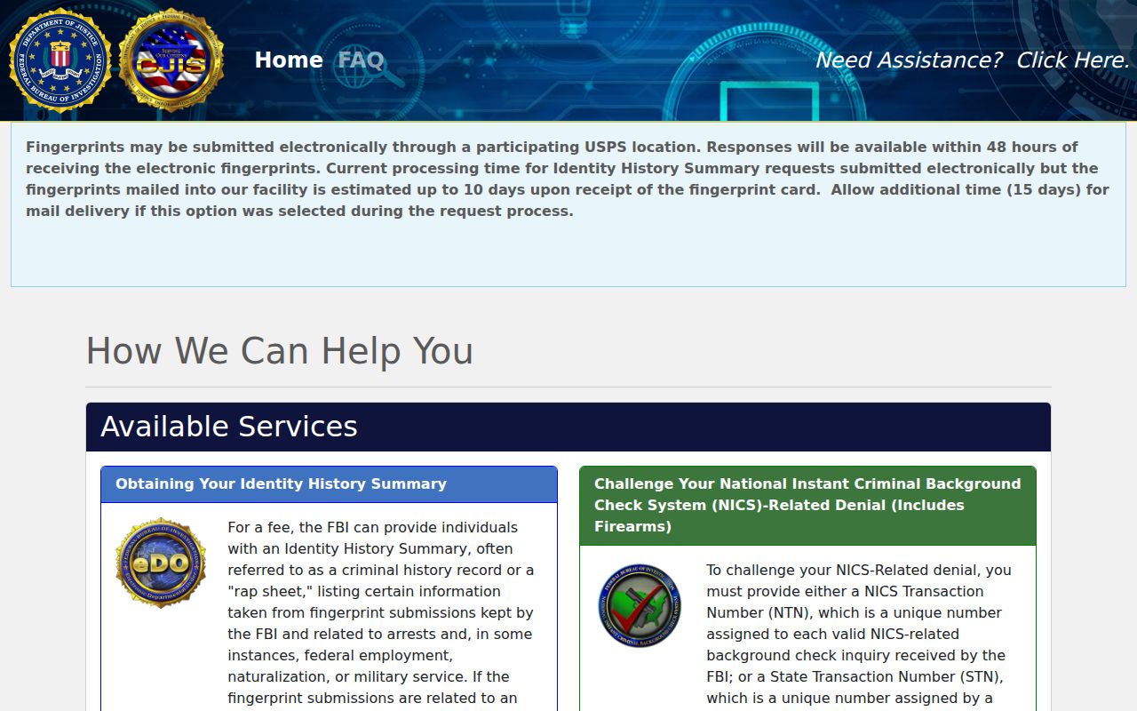 FBI electronic Identity History Summary ordering interface