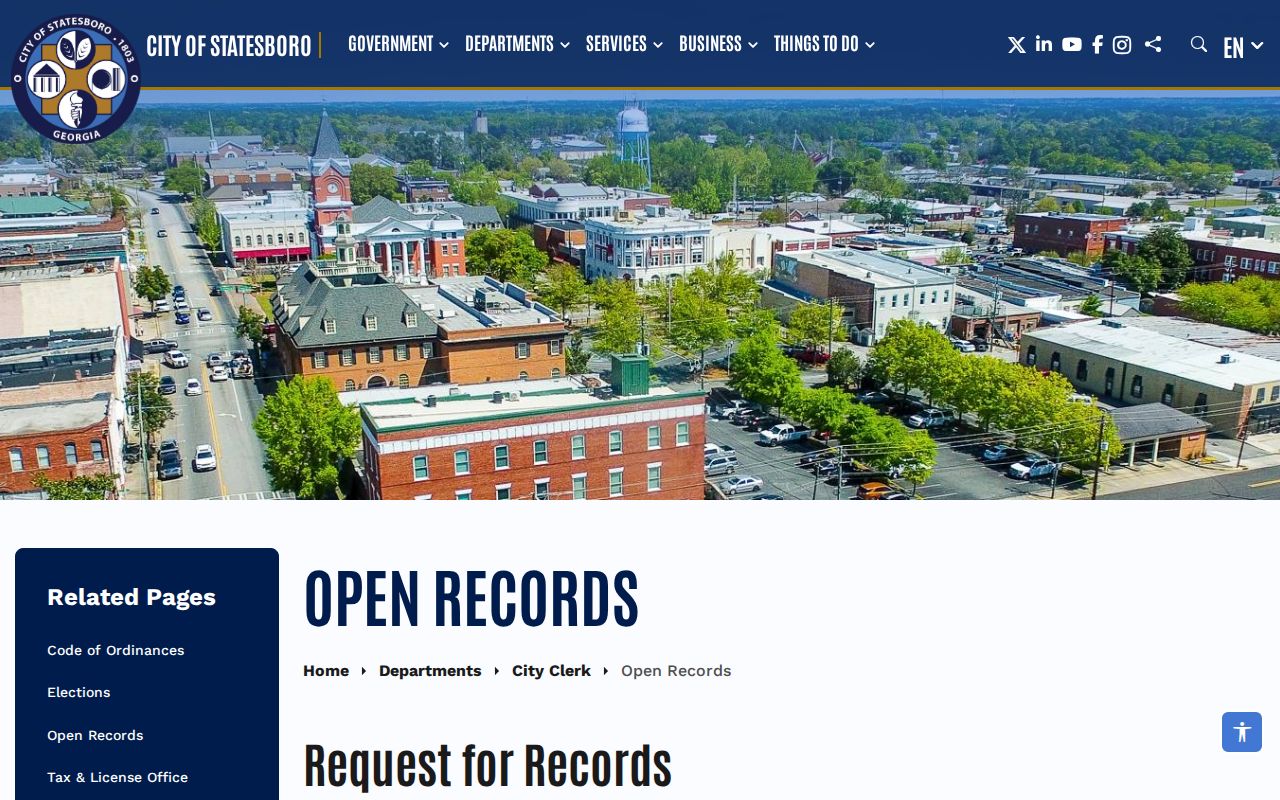 Statesboro city open-records request form with requester and record-detail fields